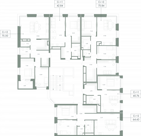 1-комнатная №27, 42.84 м² изображение этажа принт